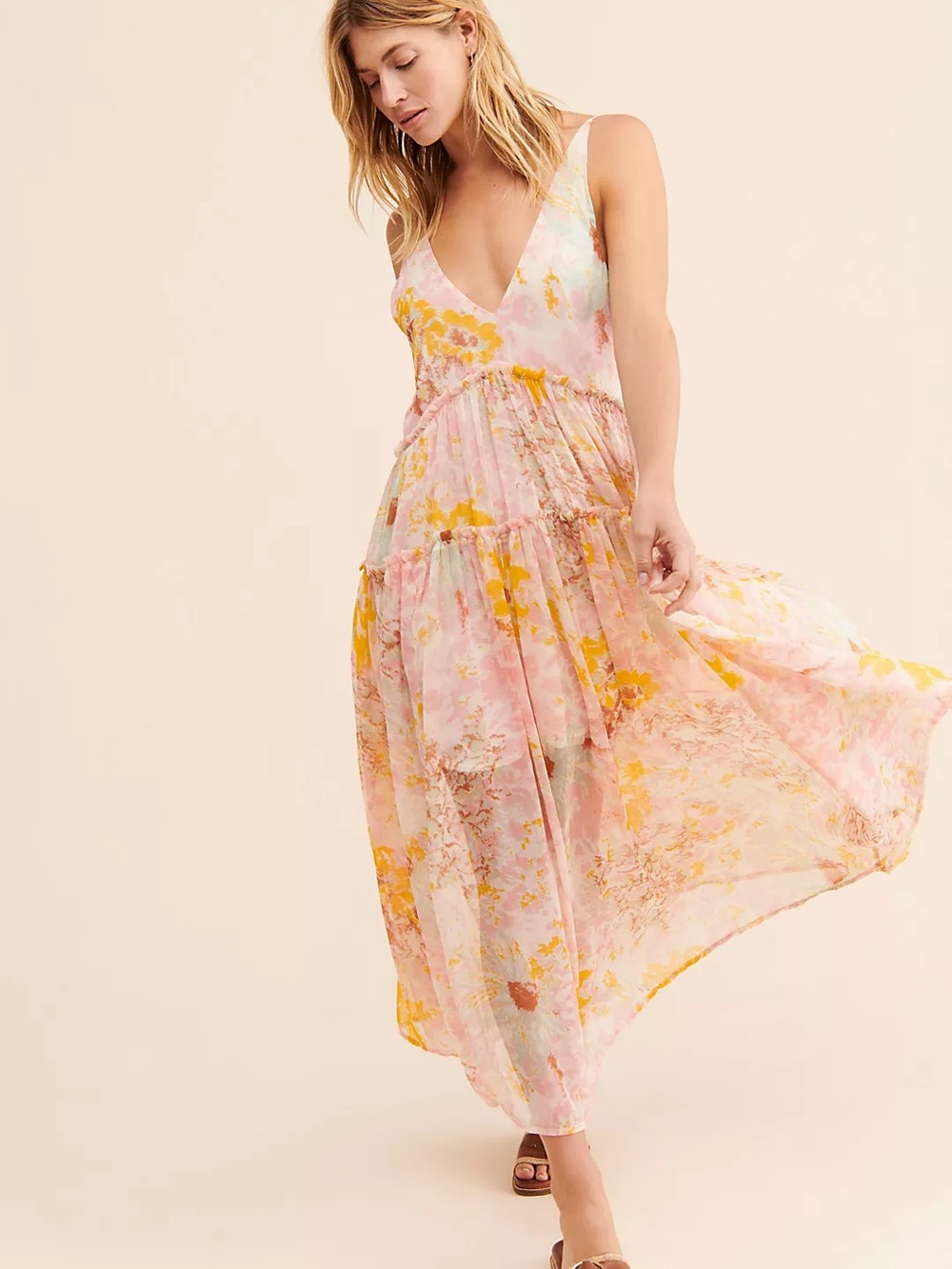 Free People Julianna Pastel Watercolor Floral V-Neck Tiered Maxi Dress